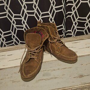 Vintage MIA brown suede ankle boots and red plaid lining size 8M